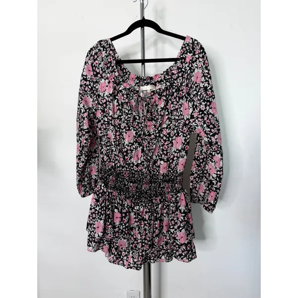 LoveShackFancy Mini Dress Pink Black Floral Smocked Ruffle Cotton - Image 3