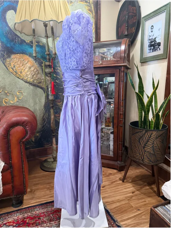Vintage 80s Lavender Taffeta Lace Midi Prom Dress ILGWU 14 - Image 4