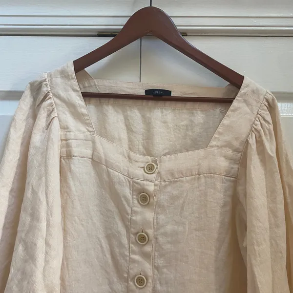 J.Crew Top Women M Cream Linen Square Neck Puff Sleeve Button Down Peasant Boho - Image 3