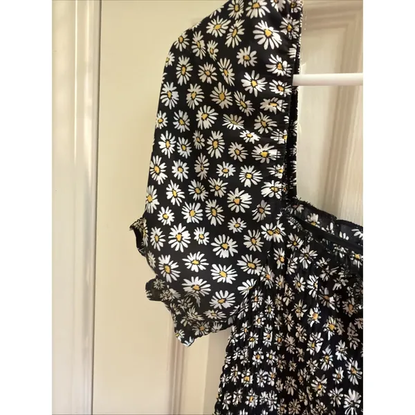 Altar'd State Ruched Sunflower Dress Sz L Puff Sleeve Y2K Vibes Black Mini - Image 3