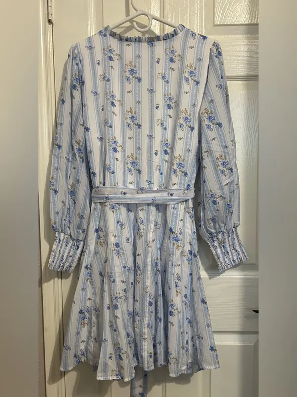 Sugarlips Light Blue Floral Long-Sleeve Tie-Waist Mini Dress - Image 5