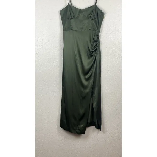 ZARA Green Satin Ruched Sweetheart Slip Midi Dress Spaghetti Strap Size S - Image 3