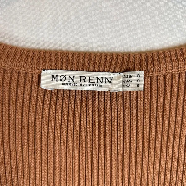 Mon Renn Brown Ribbed‎ Knit Mini Dress Long Sleeve Crochet Trim Detail Small - Image 3