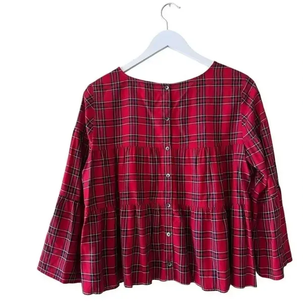 Madewell Red Plaid Clandon Viscose Tiered Button Back Baby Doll Top SZ S #2328 - Image 7