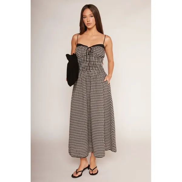 NIA Black Tan Gingham Smocked Midi Thomas Dress Lace Trim Pockets Womens Medium - Image 12