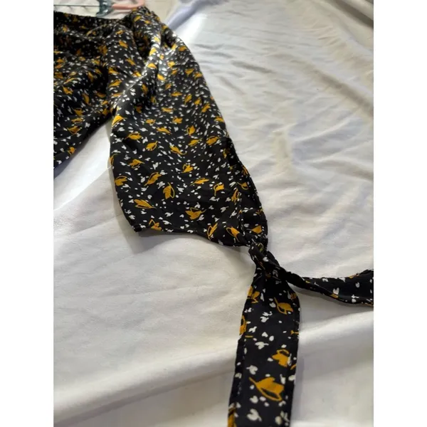 Madewell XXS Floral Puff Sleeve Blouse Mustard Print Tie Cuff Boho Romantic - Image 8