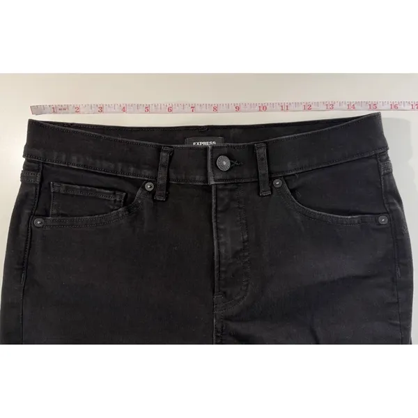 Express Mid Rise Skinny Jeans Black Distressed Raw Hem Women Size 6R‎ - Image 8