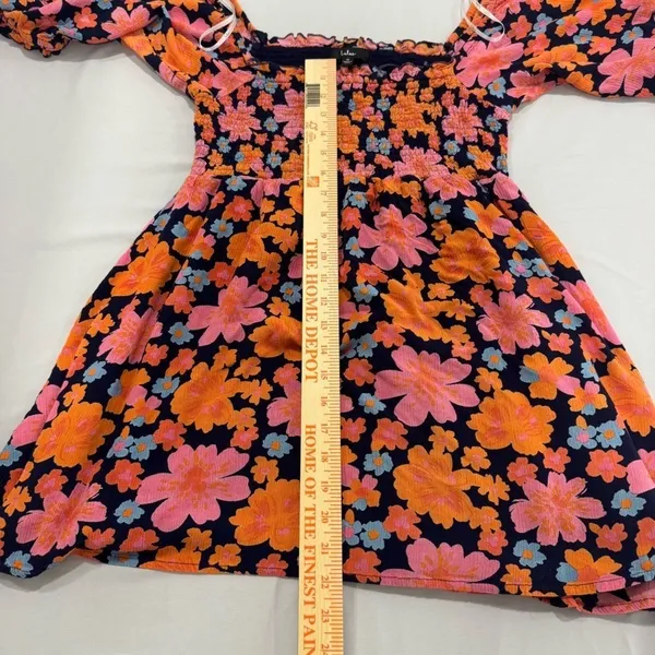 Lulus Navy Pink Orange Floral Smocked Puff Sleeve Mini Dress Size M‎ - Image 4