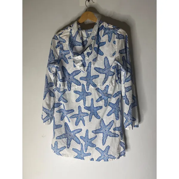 Barbara Gerwit Starfish Hooded Beach Cover Up Tunic Blue White Medium - Image 4