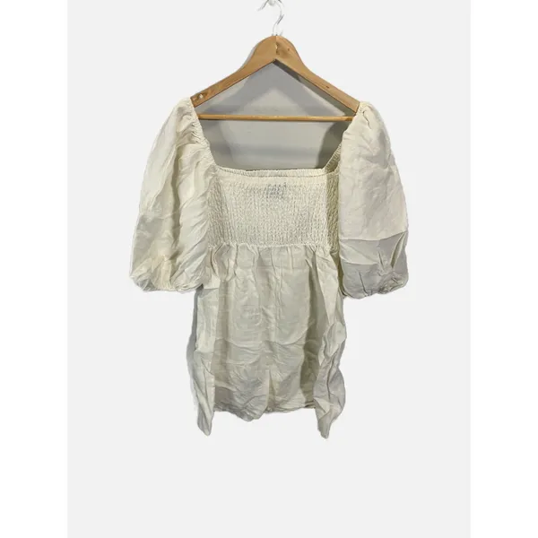 Tuckernuck Mini Dress Womens Medium White Smocked Linen Puff Sleeve Coastal - Image 5