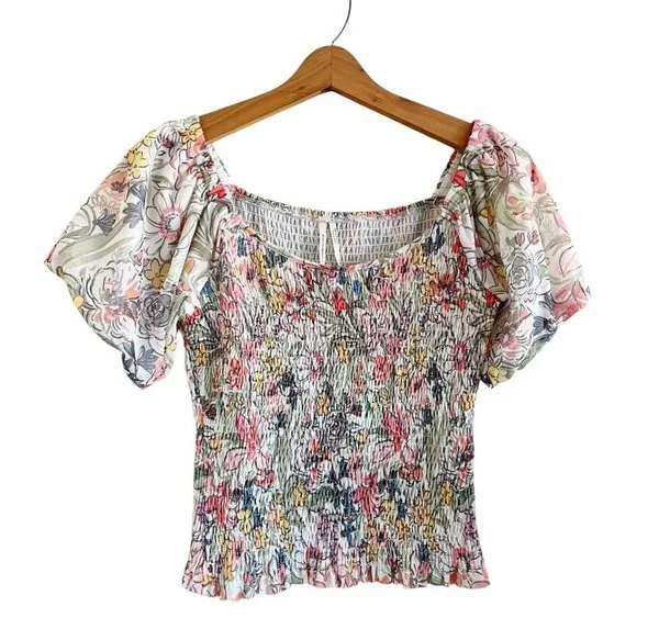ANTHROPOLOGIE Aurelia Smocked Floral Puff Sleeve Top X-Small EUC - Image 2