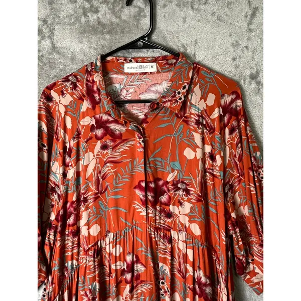 Natural Life Floral Tiered‎ Midi Dress Button Front Boho Women's Medium Orange - Image 2