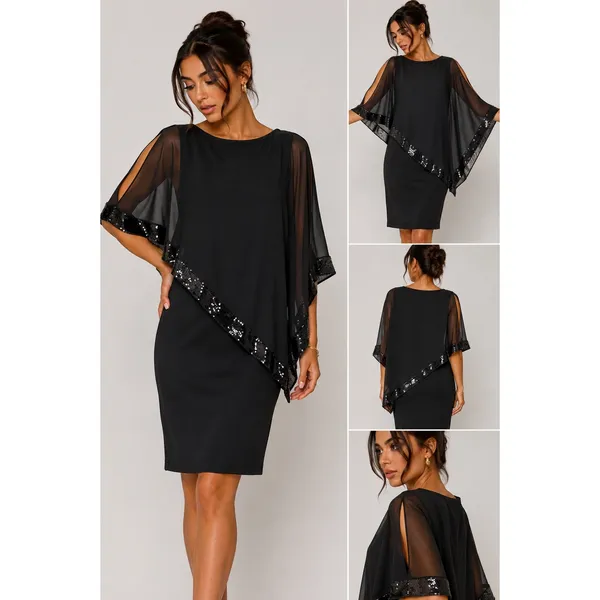 Scarlett‎ Women's Cape Sequence Shift Dress Black 10 Cocktail Wedding Party - Image 2