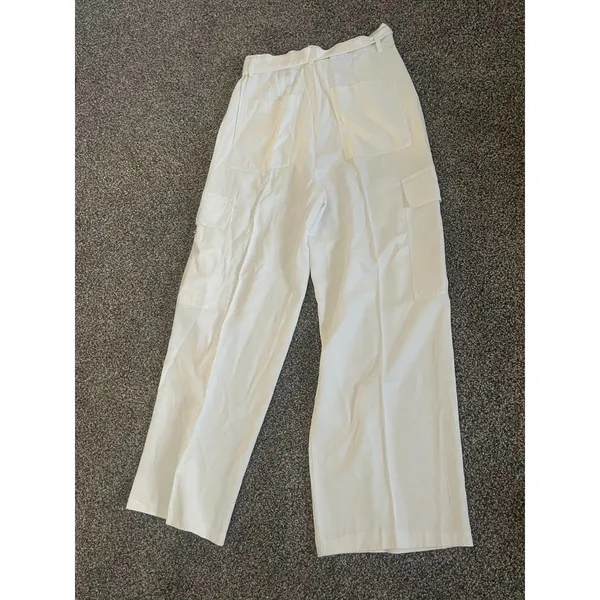 Zara White Satin Cargo high-waisted utilitarian wide leg Trousers With Belt L - Image 9