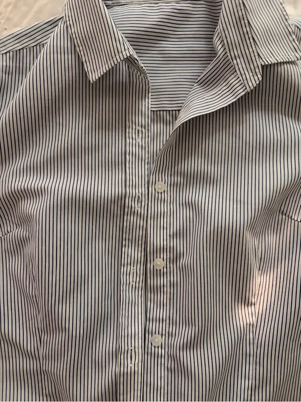 Classic Women's Blue and White Pinstripe Button-Down Shirt - Image 3