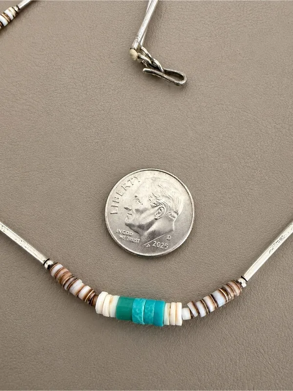 Vintage Southwestern Turquoise Liquid Silver Heishi Shell Necklace - Image 3