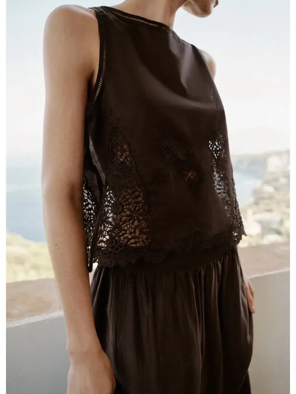 NWT Zara Brown Sleeveless Lace Trim Top - Image 2