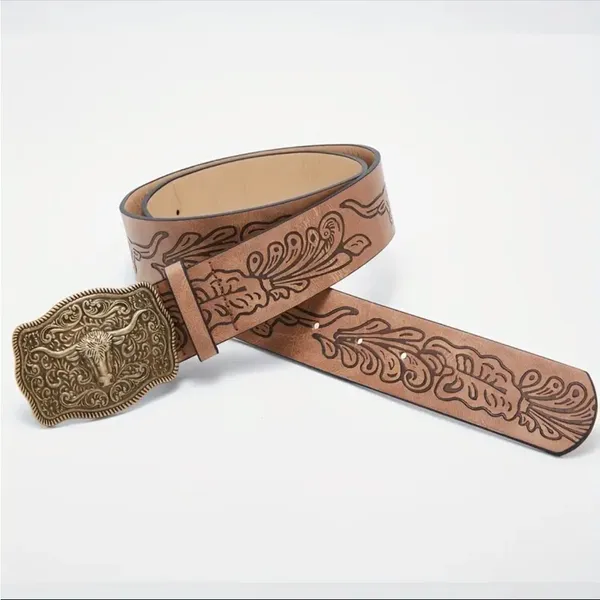 Western Bull Head Buckle Unisex‎ Belt Vintage Embossed Brown PU Leather Belt - Image 14