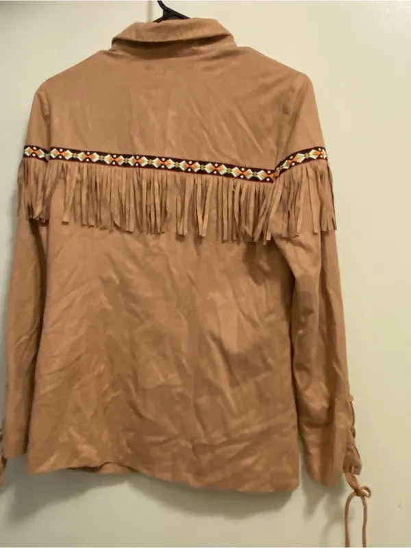 Tan Fringe Jacket with Floral Embroidery Size M - Image 9
