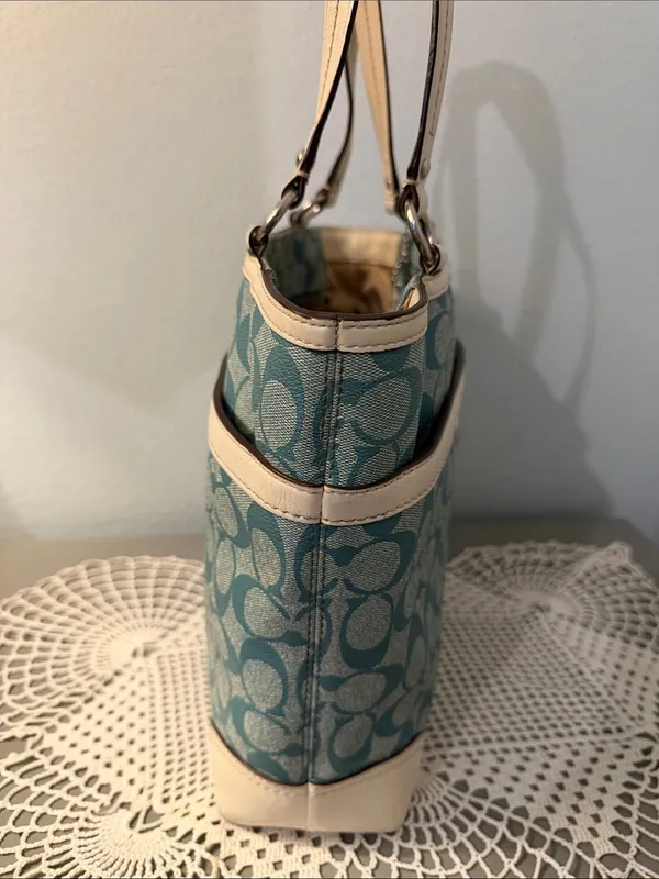 Coach Chelsea Teal and Cream Signature Stripe Tote. - Image 2