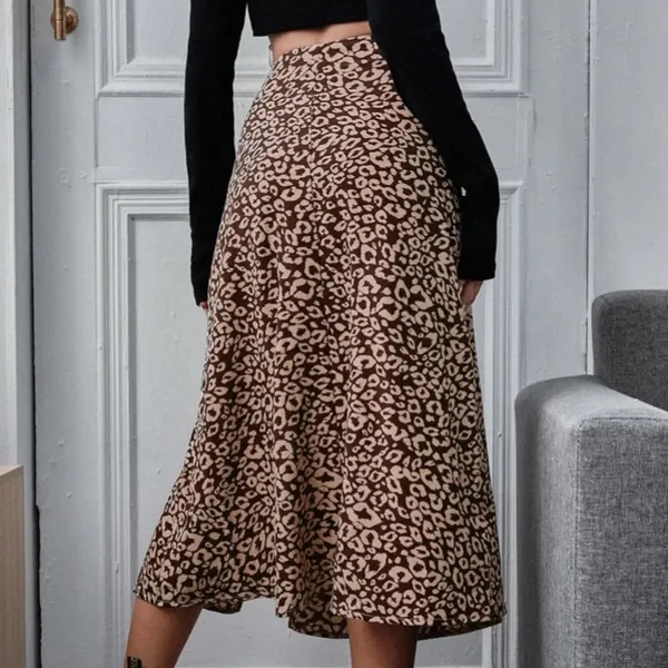 Leopard Print Brown Long Skirt with Side Slit - Image 2