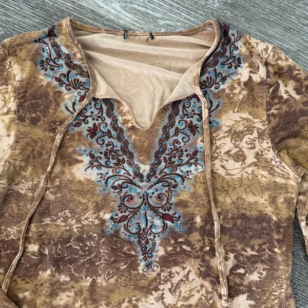 Y2K vintage boho western Gypsy fairy bell sleeve top brown tan small - Image 4