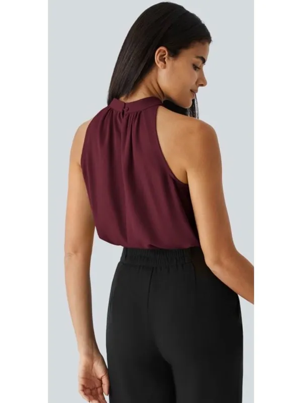 Halara M Burgundy High-Neck Sleeveless Halter Top Blouse With Keyhole Back Size - Image 3