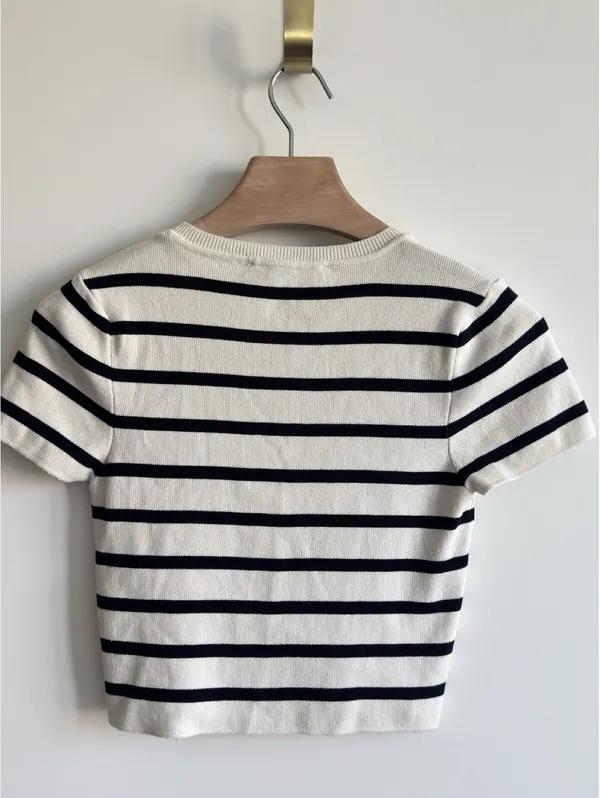 Zara Women’s L Cream Navy Striped Knit Cropped Short Sleeve Top Coastal - Image 6