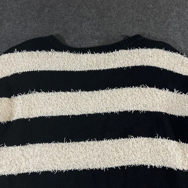 American Eagle Vintage Boyfriend Sweater Black Cream Striped Eyelash Knit Large - Image 10