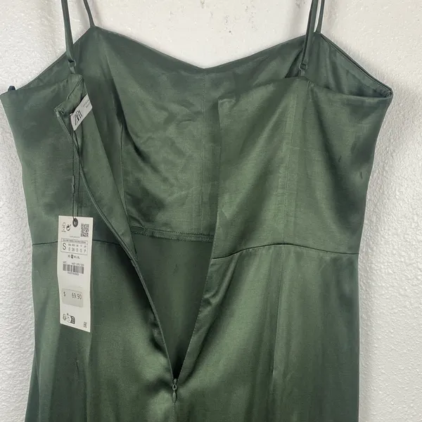Zara Dark Green Satin Midi Dress Size S 100% Viscosa - Image 8