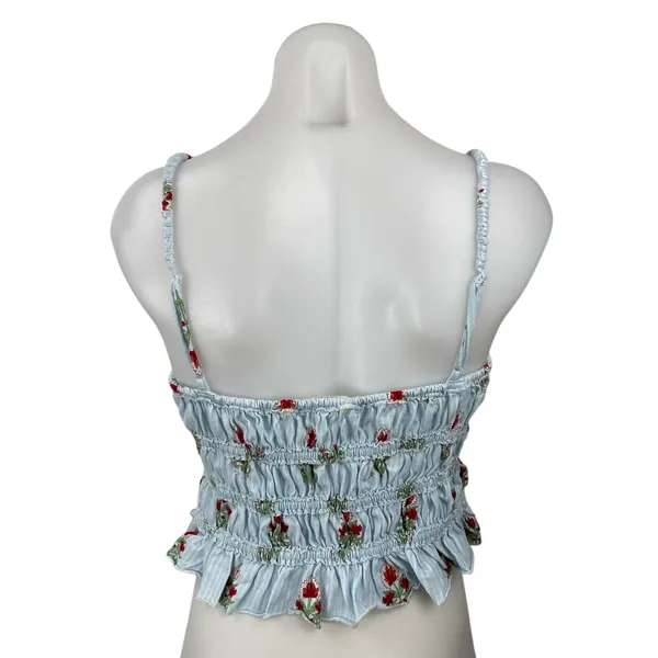 Free People We The Free Dolce Vita Blue Floral Ruffle Ruched Cami Tank Top Sz L - Image 4