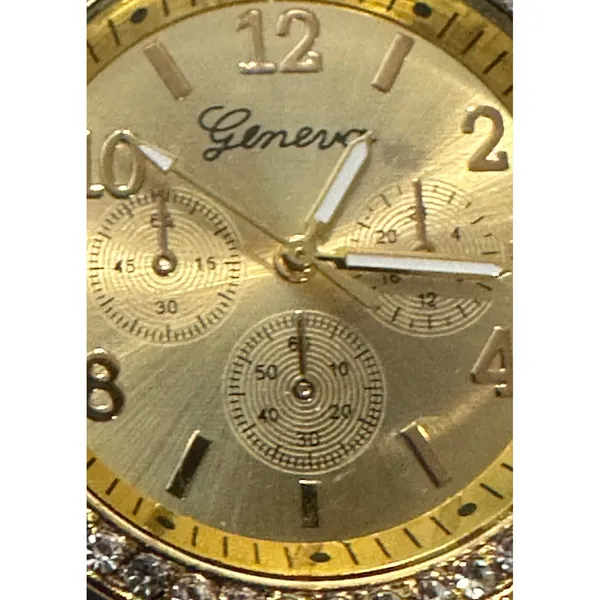 Geneva Gold Tone Rhinestone Bezel Faux‎ Chrono Quartz Analog Women's Wrist Watch - Image 7