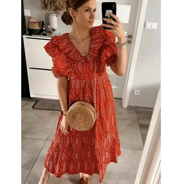 Zara Red Dress with Eyelet Embroidery Midi Length Size Small‎ - Image 13