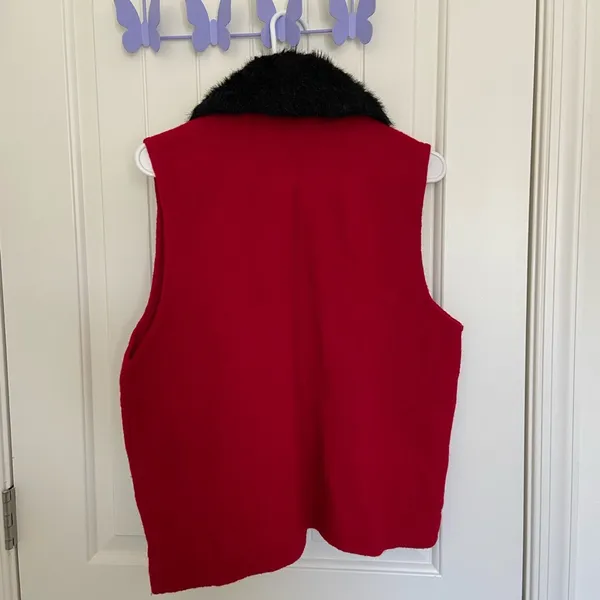 Vintage Tally Ho women’s vest 100% wool‎ faux fur collar zip red fashion - Image 5
