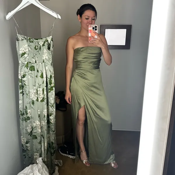 Reformation Barrow Artichoke Green Silk Strapless Cocktail Gown Size 2 NWT - Image 2