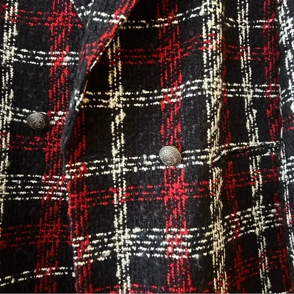 Zara Tweed Double Breasted Blazer Oversized Plaid Red Black Suit‎ Jacket Size XS - Image 4