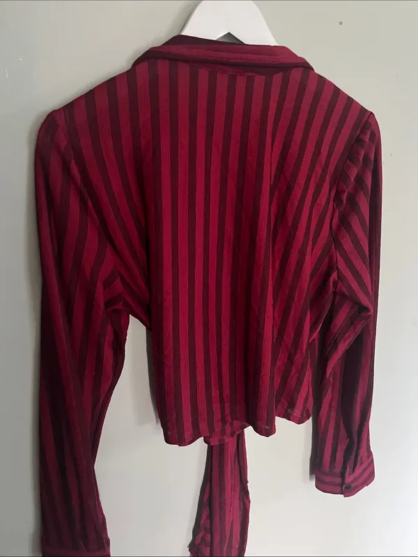 Chocolate Burgundy and Black Striped Tie-Front Blouse - Image 5