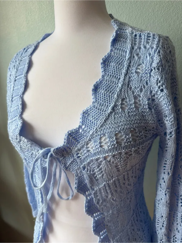 White Stag Light Blue Scalloped Tie-Front Knit Cardigan - Image 3