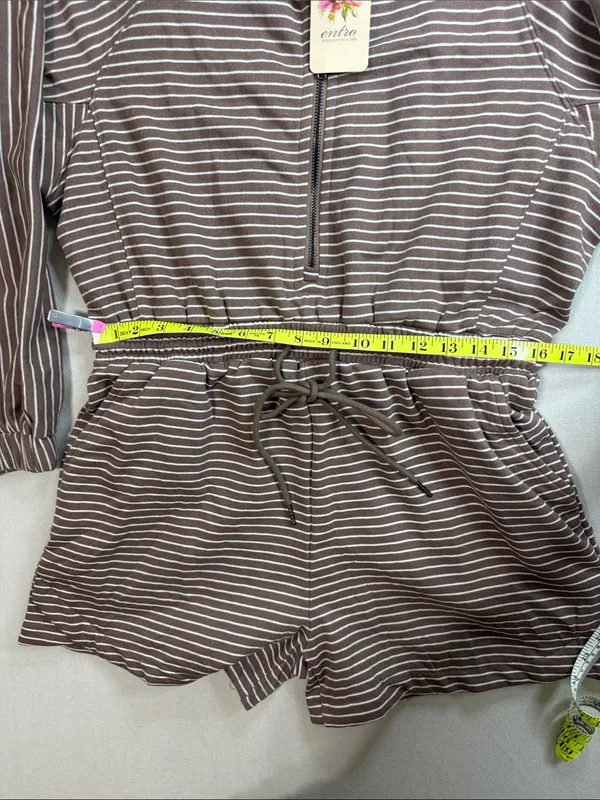 entro Taupe & White Striped Half-Zip Romper - Image 7