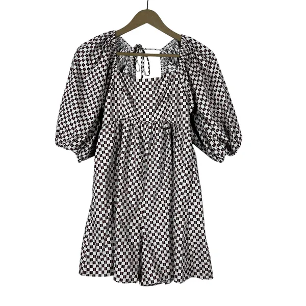 Abercrombie & Fitch Puff Sleeve Checkered Romper Burgundy Mod Retro Size M - Image 2
