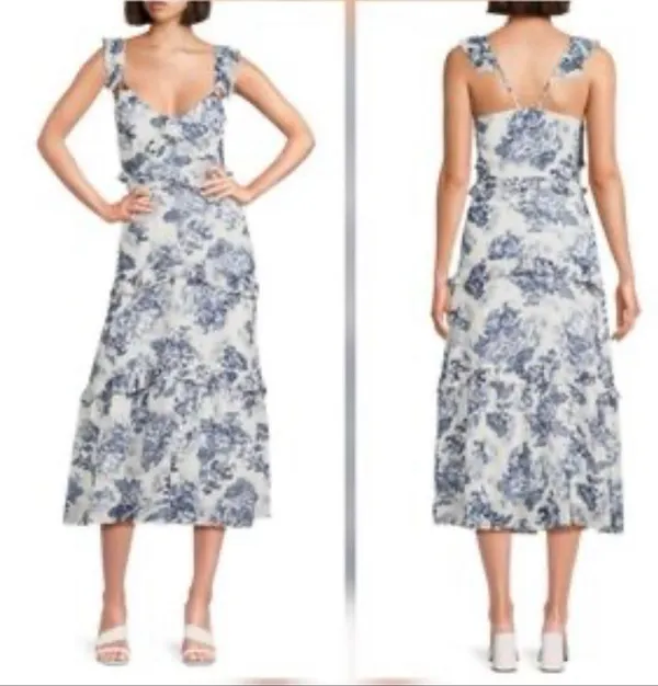 O.P.T Blue White Ingrid Floral Ruffle V-Neck Sleeveless Tiered Midi Dress Sz XS - Image 2
