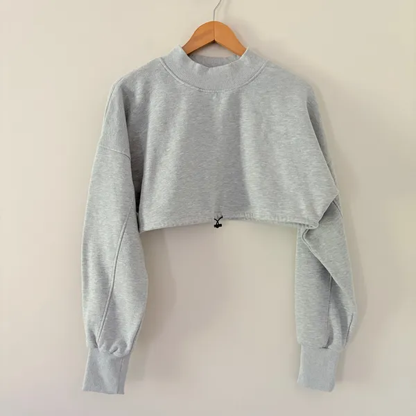 Acta Wear Essential Sweatshirt Ultra Crop Medium Gray Mock Neck Fleece Drawstring - Image 8