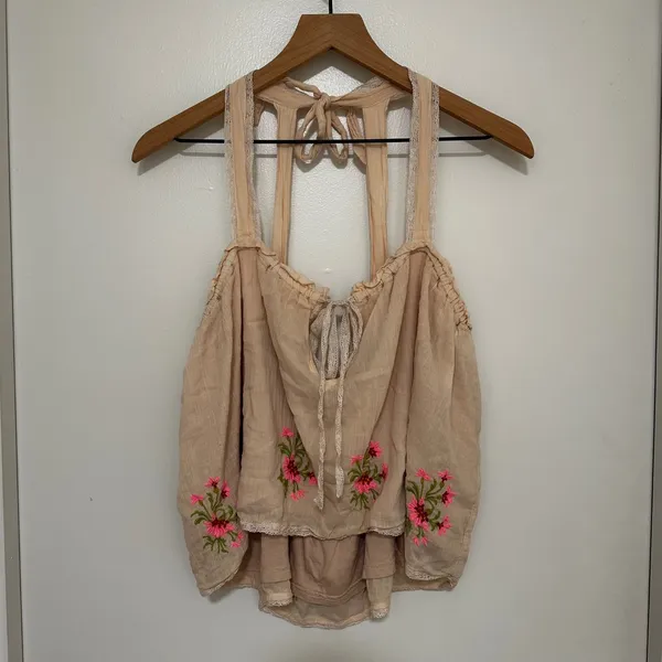 Free‎ People | Embroidered Floral Boho Beige Pink Lace Trim Tie Back Tank Top, M - Image 3