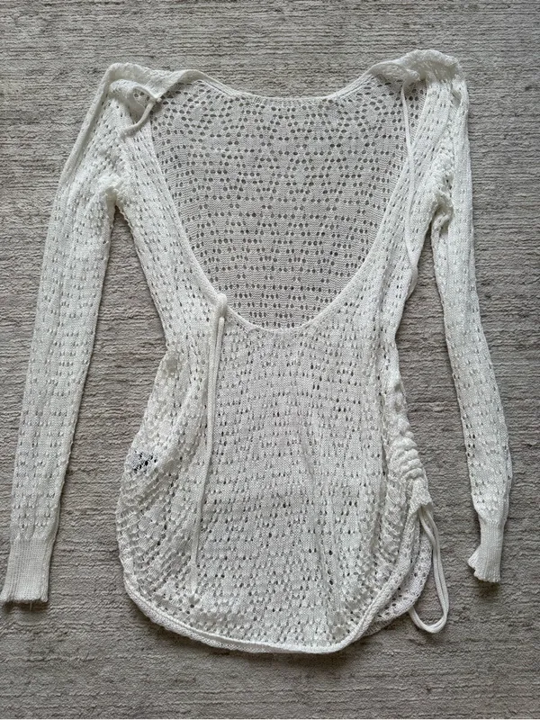 SHEIN Cream Open-Knit Long Sleeve Beach Cover-Up (Size Small) - Image 4