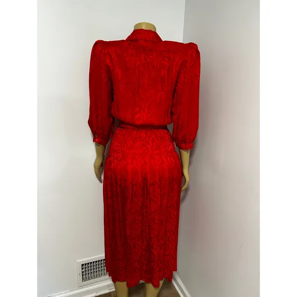 Argenti Vintage Red 100% Silk Jacquard Bow Belted Midi Dress Womens 6 - Image 8