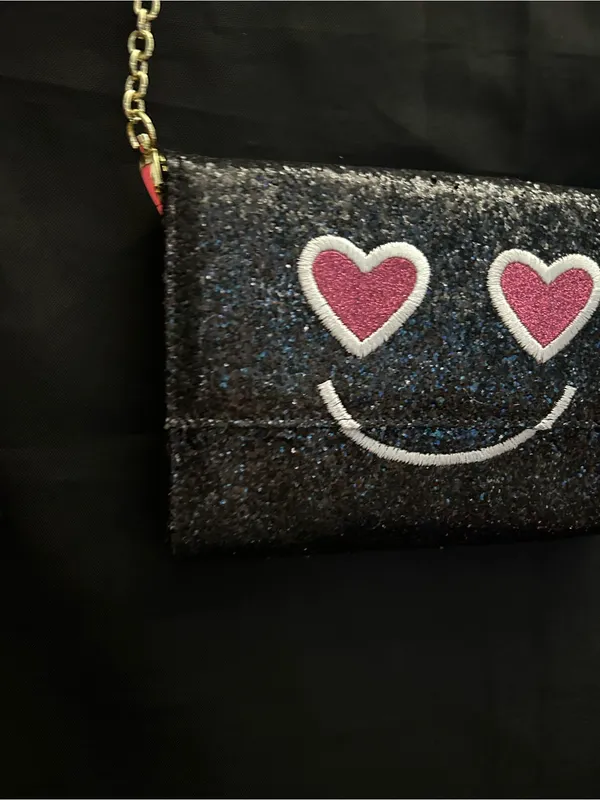 Betsey Johnson Black Glitter Heart-Eyes Crossbody Bag Striped Inside - Image 4