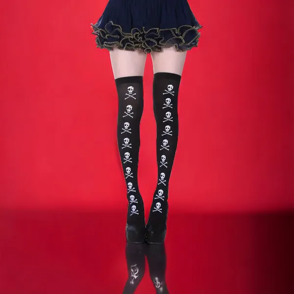 Skull Print Thigh High Socks, Cosplay Over The Knee‎ Socks One Size - Image 10