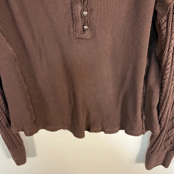 Lucky Brand Womens Brown Waffle Knit Henley‎ Top Cable Knit Sleeves Large boho - Image 3