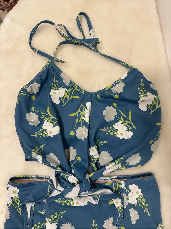 Kortni Jeane swimsuit Blue Floral Tie-Front high waisted two Piece swimmer - Image 2