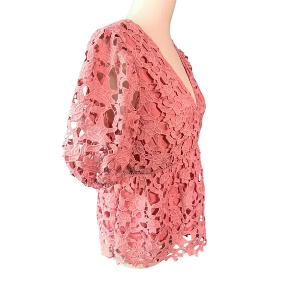 Endless Rose Womens L Coral Floral Lace Peplum Blouse V Neck Puff Sleeve Lined - Image 3